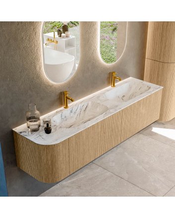 Mondiaz Kurve-Dlux 175cm badmeubel ronding Links kleur Oak met 2 lades en 1 deur. Wastafel Stor small Dubbel / Rechts 2 kraangaten Glace.