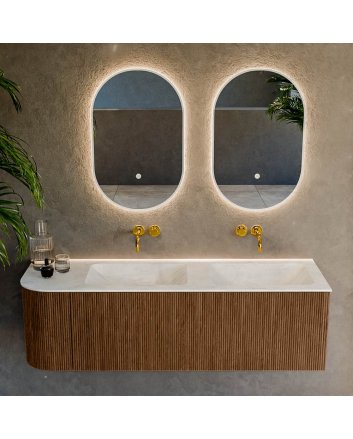 Mondiaz Kurve-Dlux 145cm badmeubel ronding Links kleur Walnut met 1 lade en 1 deur. Wastafel Leaf Dubbel / Rechts zonder kraangat Opalo.