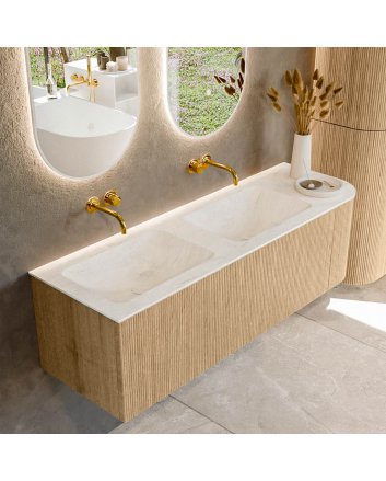 Mondiaz Kurve-Dlux 145cm badmeubel ronding Rechts kleur Oak met 1 lade en 1 deur. Wastafel Leaf Dubbel / Links zonder kraangat Opalo.