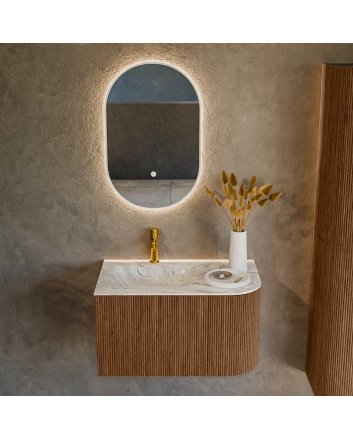 Mondiaz Kurve-Dlux 75cm badmeubel ronding Rechts kleur Walnut met 1 lade en 1 deur. Wastafel Grunne Links 1 kraangat Glace.