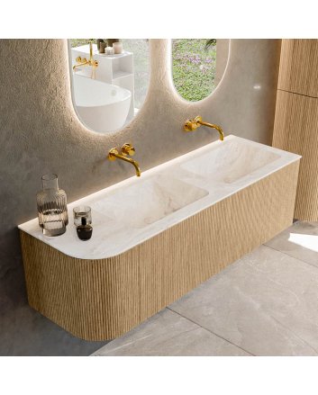 Mondiaz Kurve-Dlux 145cm badmeubel ronding Links kleur Oak met 1 lade en 1 deur. Wastafel Leaf Dubbel / Rechts zonder kraangat Frappe.