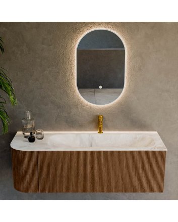 Mondiaz Kurve-Dlux 135cm badmeubel ronding Links kleur Walnut met 1 lade en 1 deur. Wastafel Big medium Rechts 1 kraangat Frappe.