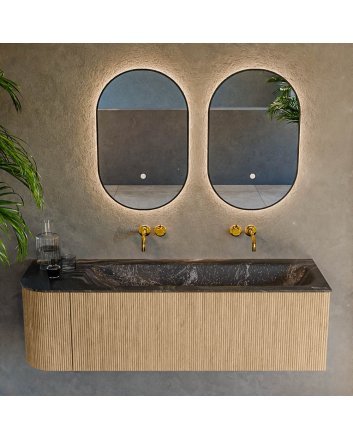 Mondiaz Kurve-Dlux 145cm badmeubel ronding Links kleur Oak met 1 lade en 1 deur. Wastafel Big large Rechts zonder kraangat Lava.