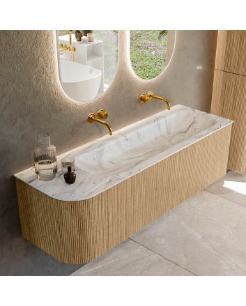 Mondiaz Kurve-Dlux 145cm badmeubel ronding Links kleur Oak met 1 lade en 1 deur. Wastafel Big large Rechts zonder kraangat Glace.