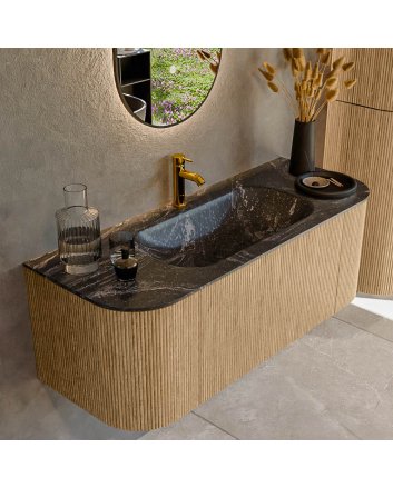 Mondiaz Kurve-Dlux 120cm badmeubel ronding Links + Rechts kleur Oak met 1 lade en 2 deuren. Wastafel Big small Midden 1 kraangat Lava.