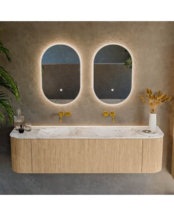 Mondiaz Kurve-Dlux 170cm badmeubel ronding Links + Rechts kleur Oak met 1 lade en 2 deuren. Wastafel Leaf Dubbel zonder kraangat Glace.