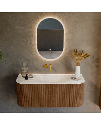 Mondiaz Kurve-Dlux 110cm badmeubel ronding Links + Rechts kleur Walnut met 1 lade en 2 deuren. Wastafel Cloud Midden zonder kraangat Ostra.