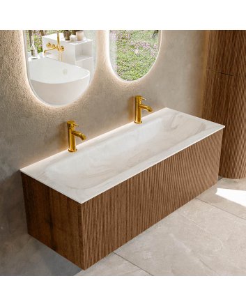 Mondiaz Kurve-Dlux 120cm badmeubel kleur Walnut met 1 lade en 0 deuren. Wastafel Big large Midden 2 kraangaten Ostra.