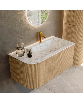 Mondiaz Kurve-Dlux 95cm badmeubel ronding Links kleur Oak met 1 lade en 1 deur. Wastafel Big small Rechts 1 kraangat Glace.