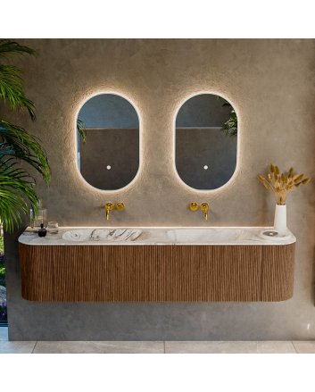Mondiaz Kurve-Dlux 190cm badmeubel ronding Links + Rechts kleur Walnut met 2 lades en 2 deuren. Wastafel Stor small Dubbel zonder kraangat Glace.
