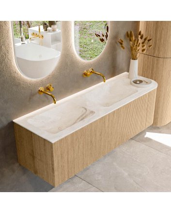 Mondiaz Kurve-Dlux 145cm badmeubel ronding Rechts kleur Oak met 1 lade en 1 deur. Wastafel Leaf Dubbel / Links zonder kraangat Frappe.