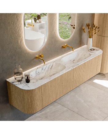 Mondiaz Kurve-Dlux 190cm badmeubel ronding Links + Rechts kleur Oak met 2 lades en 2 deuren. Wastafel Stor small Dubbel zonder kraangat Glace.