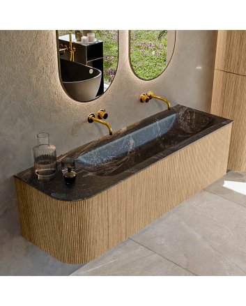 Mondiaz Kurve-Dlux 145cm badmeubel ronding Links kleur Oak met 1 lade en 1 deur. Wastafel Big large Rechts zonder kraangat Lava.