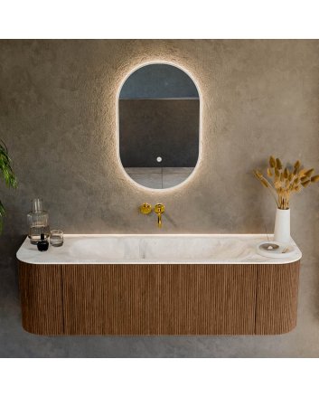 Mondiaz Kurve-Dlux 150cm badmeubel ronding Links + Rechts kleur Walnut met 1 lade en 2 deuren. Wastafel Big medium Midden zonder kraangat Frappe.