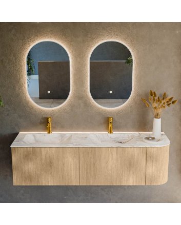 Mondiaz Kurve-Dlux 155cm badmeubel ronding Rechts kleur Oak met 2 lades en 1 deur. Wastafel Leaf Dubbel / Links 2 kraangaten Glace.