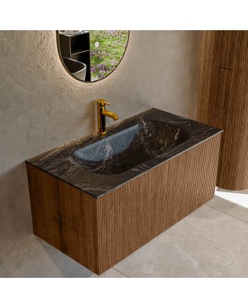 Mondiaz Kurve-Dlux 90cm badmeubel kleur Walnut met 1 lade en 0 deuren. Wastafel Big small Midden 1 kraangat Lava.
