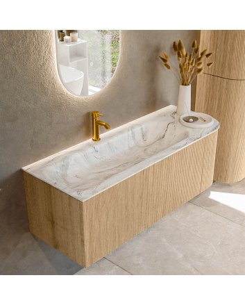 Mondiaz Kurve-Dlux 125cm badmeubel ronding Rechts kleur Oak met 1 lade en 1 deur. Wastafel Big medium Links 1 kraangat Glace.