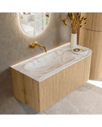 Mondiaz Kurve-Dlux 105cm badmeubel ronding Rechts kleur Oak met 1 lade en 1 deur. Wastafel Big small Links zonder kraangat Glace.