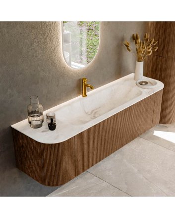 Mondiaz Kurve-Dlux 160cm badmeubel ronding Links + Rechts kleur Walnut met 1 lade en 2 deuren. Wastafel Big medium Midden 1 kraangat Frappe.