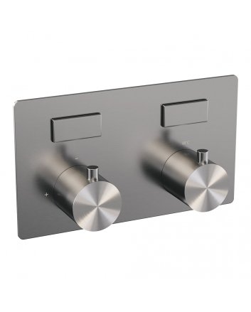 BRAUER Brushed Edition thermostatische inbouw badkraan met drukknoppen SET 03 met uitloop en staaf handdouche en doucheslang en wandaansluitbocht RVS geborsteld PVD