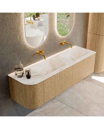 Mondiaz Kurve-Dlux 155cm badmeubel ronding Links kleur Oak met 2 lades en 1 deur. Wastafel Leaf Dubbel / Rechts zonder kraangat Frappe.