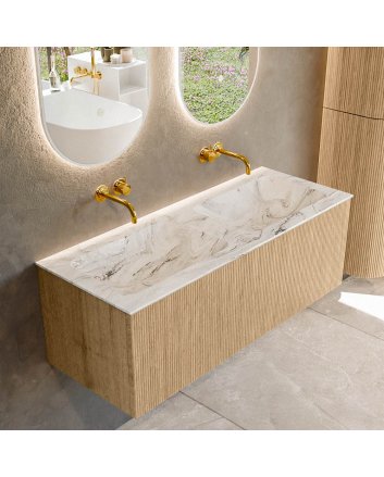 Mondiaz Kurve-Dlux 120cm badmeubel kleur Oak met 1 lade en 0 deuren. Wastafel Leaf Dubbel zonder kraangat Glace.