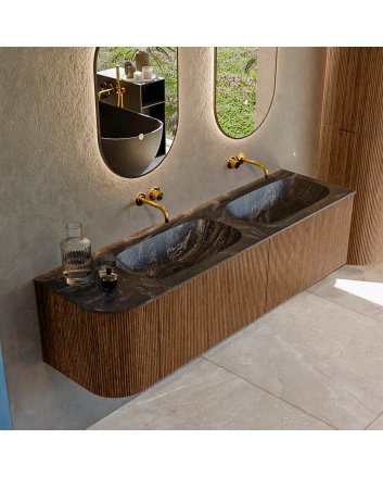 Mondiaz Kurve-Dlux 165cm badmeubel ronding Links kleur Walnut met 2 lades en 1 deur. Wastafel Stor small Dubbel / Rechts zonder kraangat Lava.