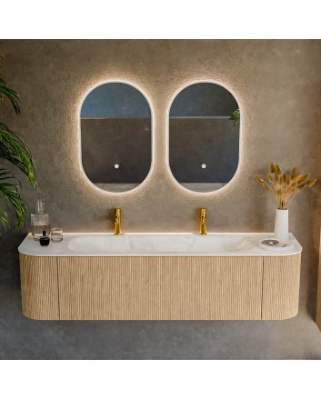 Mondiaz Kurve-Dlux 170cm badmeubel ronding Links + Rechts kleur Oak met 1 lade en 2 deuren. Wastafel Big large Midden 2 kraangaten Ostra.