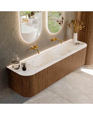 Mondiaz Kurve-Dlux 170cm badmeubel ronding Links + Rechts kleur Walnut met 1 lade en 2 deuren. Wastafel Leaf Dubbel zonder kraangat Frappe.