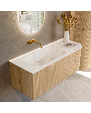 Mondiaz Kurve-Dlux 115cm badmeubel ronding Rechts kleur Oak met 1 lade en 1 deur. Wastafel Big small Links zonder kraangat Frappe.