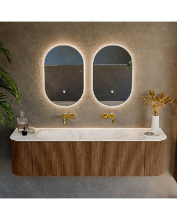 Mondiaz Kurve-Dlux 170cm badmeubel ronding Links + Rechts kleur Walnut met 1 lade en 2 deuren. Wastafel Big large Midden zonder kraangat Frappe.