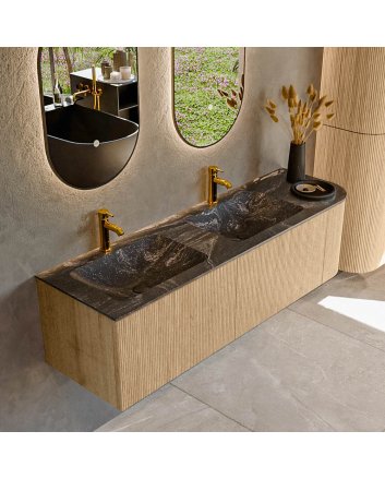 Mondiaz Kurve-Dlux 155cm badmeubel ronding Rechts kleur Oak met 2 lades en 1 deur. Wastafel Leaf Dubbel / Links 2 kraangaten Lava.