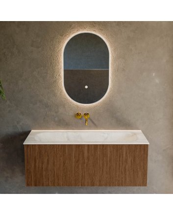 Mondiaz Kurve-Dlux 110cm badmeubel kleur Walnut met 1 lade en 0 deuren. Wastafel Big medium Midden zonder kraangat Ostra.
