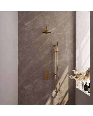 BRAUER Gold Carving thermostatische inbouw regendouche 3-weg omstelling SET 37 met 20 cm douchekop en rechte muurarm en staaf handdouche en doucheslang en geïntegreerde glijstang goud geborsteld PVD
