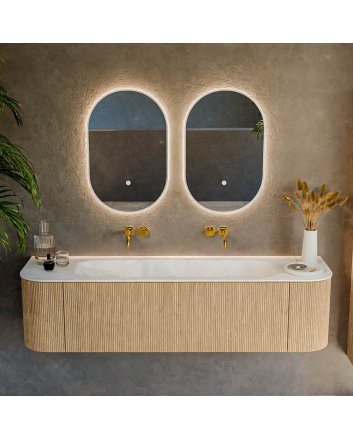 Mondiaz Kurve-Dlux 170cm badmeubel ronding Links + Rechts kleur Oak met 1 lade en 2 deuren. Wastafel Big large Midden zonder kraangat Opalo.