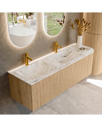 Mondiaz Kurve-Dlux 145cm badmeubel ronding Rechts kleur Oak met 1 lade en 1 deur. Wastafel Leaf Dubbel / Links 2 kraangaten Glace.