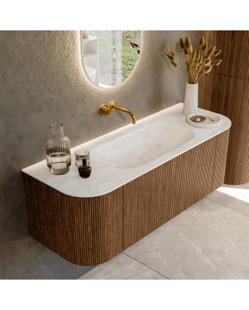 Mondiaz Kurve-Dlux 130cm badmeubel ronding Links + Rechts kleur Walnut met 1 lade en 2 deuren. Wastafel Big small Midden zonder kraangat Ostra.