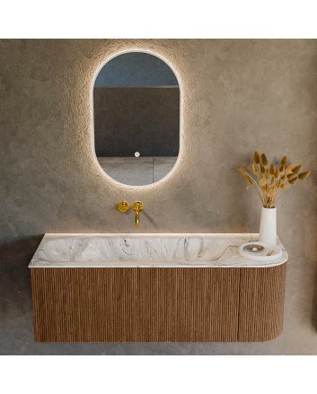 Mondiaz Kurve-Dlux 125cm badmeubel ronding Rechts kleur Walnut met 1 lade en 1 deur. Wastafel Big medium Links zonder kraangat Glace.