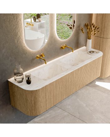 Mondiaz Kurve-Dlux 170cm badmeubel ronding Links + Rechts kleur Oak met 1 lade en 2 deuren. Wastafel Leaf Dubbel zonder kraangat Frappe.