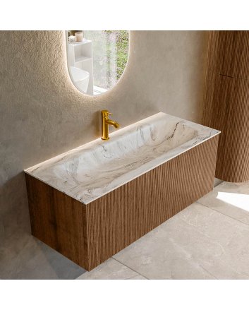 Mondiaz Kurve-Dlux 110cm badmeubel kleur Walnut met 1 lade en 0 deuren. Wastafel Big medium Midden 1 kraangat Glace.