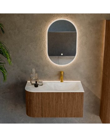 Mondiaz Kurve-Dlux 85cm badmeubel ronding Links kleur Walnut met 1 lade en 1 deur. Wastafel Cloud Rechts 1 kraangat Opalo.
