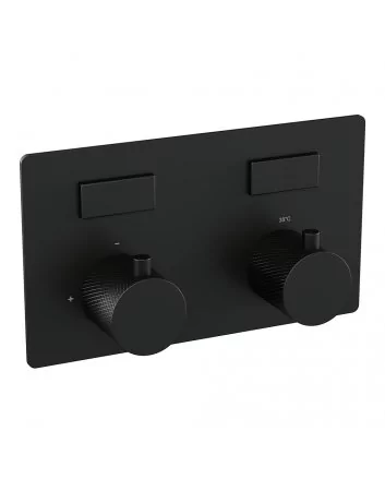 BRAUER Black Carving thermostatische inbouw badkraan met drukknoppen SET 03 met uitloop en staaf handdouche en doucheslang en wandaansluitbocht mat zwart