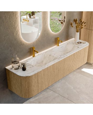 Mondiaz Kurve-Dlux 180cm badmeubel ronding Links + Rechts kleur Oak met 2 lades en 2 deuren. Wastafel Leaf Dubbel 2 kraangaten Glace.