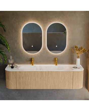 Mondiaz Kurve-Dlux 170cm badmeubel ronding Links + Rechts kleur Oak met 1 lade en 2 deuren. Wastafel Big large Midden 2 kraangaten Frappe.