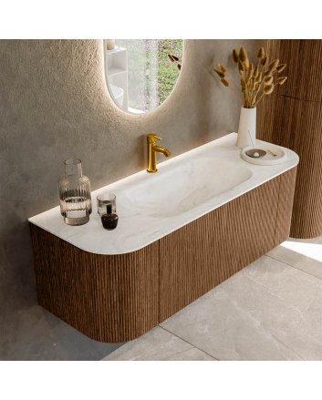 Mondiaz Kurve-Dlux 130cm badmeubel ronding Links + Rechts kleur Walnut met 1 lade en 2 deuren. Wastafel Big small Midden 1 kraangat Ostra.