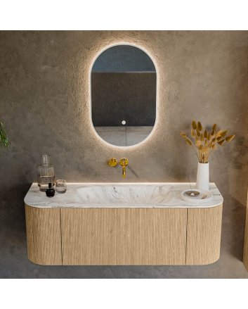 Mondiaz Kurve-Dlux 130cm badmeubel ronding Links + Rechts kleur Oak met 1 lade en 2 deuren. Wastafel Big small Midden zonder kraangat Glace.