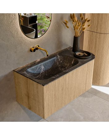 Mondiaz Kurve-Dlux 95cm badmeubel ronding Rechts kleur Oak met 1 lade en 1 deur. Wastafel Big small Links zonder kraangat Lava.