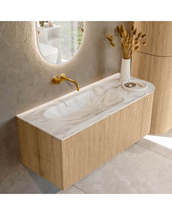 Mondiaz Kurve-Dlux 115cm badmeubel ronding Rechts kleur Oak met 1 lade en 1 deur. Wastafel Big small Links zonder kraangat Glace.