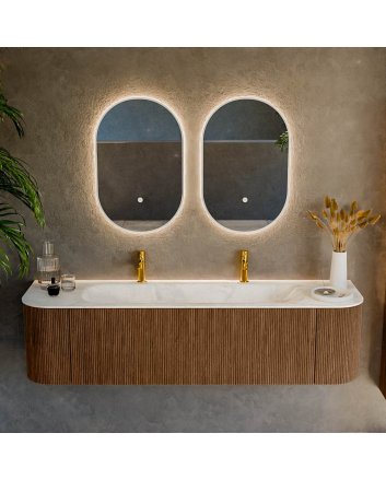 Mondiaz Kurve-Dlux 170cm badmeubel ronding Links + Rechts kleur Walnut met 1 lade en 2 deuren. Wastafel Big large Midden 2 kraangaten Ostra.