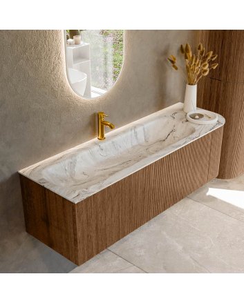 Mondiaz Kurve-Dlux 145cm badmeubel ronding Rechts kleur Walnut met 1 lade en 1 deur. Wastafel Big large Links 1 kraangat Glace.
